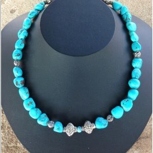 Handmade 19” Turquoise and Silver Necklace with Silver Toggle Closure